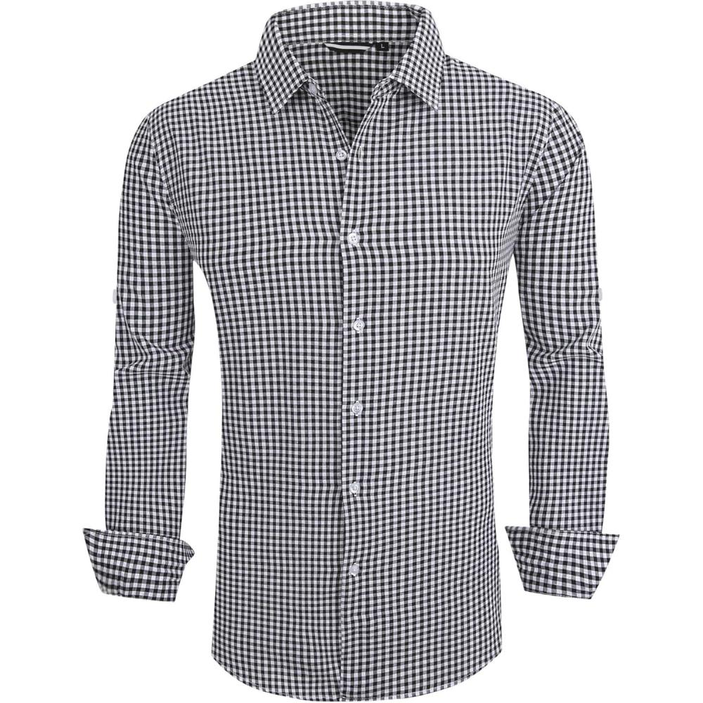 imageAlex Vando Mens Seersucker Dress Shirts Striped Business Casual Cotton Shirts for MenBlack Check
