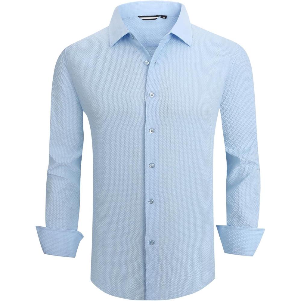 imageAlex Vando Mens Seersucker Dress Shirts Striped Business Casual Cotton Shirts for MenBlue