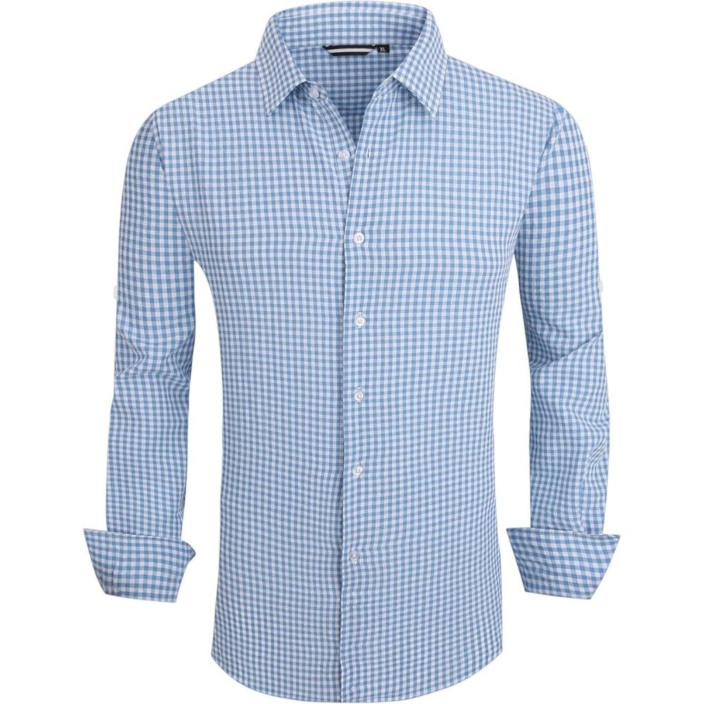 imageAlex Vando Mens Seersucker Dress Shirts Striped Business Casual Cotton Shirts for MenBlue Check