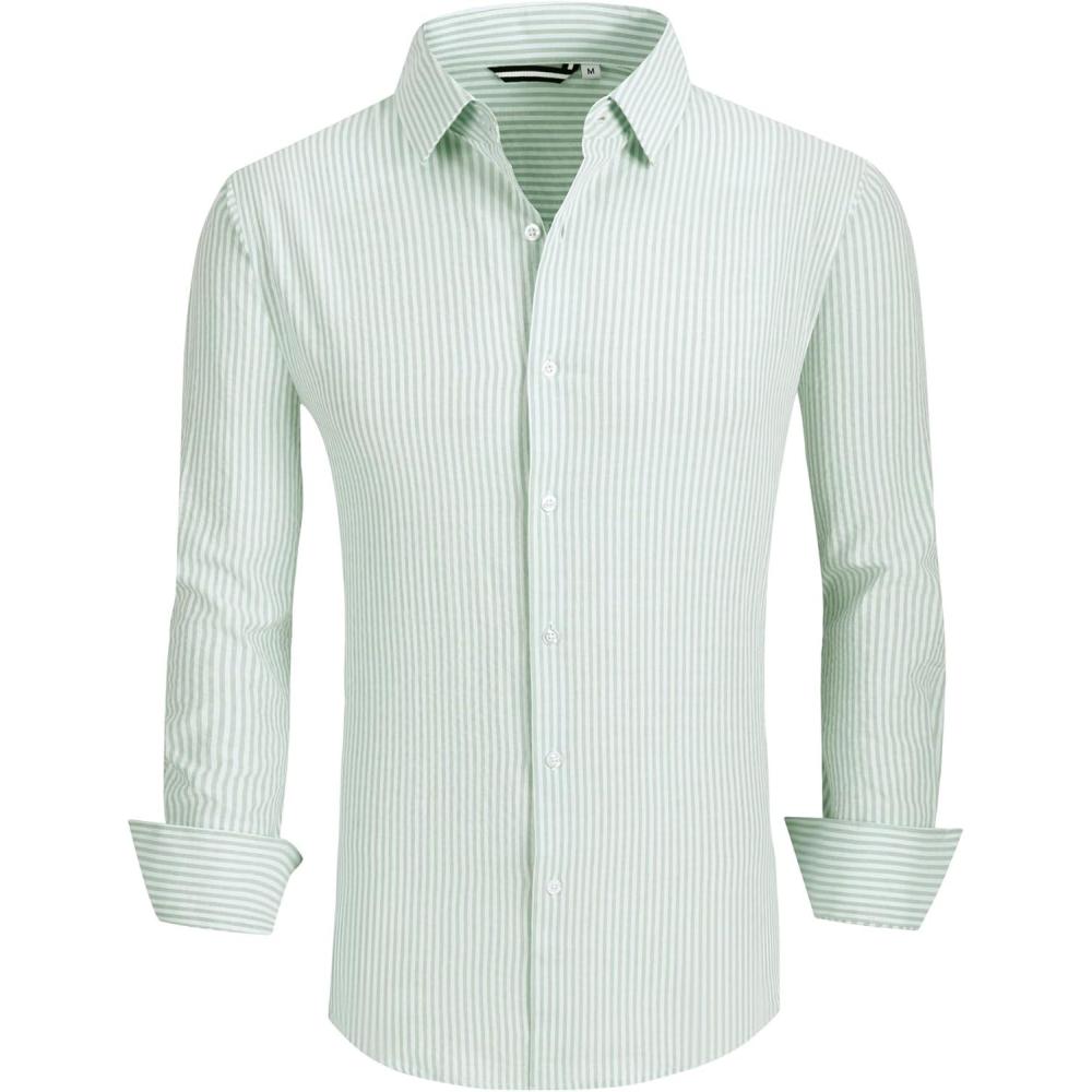 imageAlex Vando Mens Seersucker Dress Shirts Striped Business Casual Cotton Shirts for MenGreen Stripe