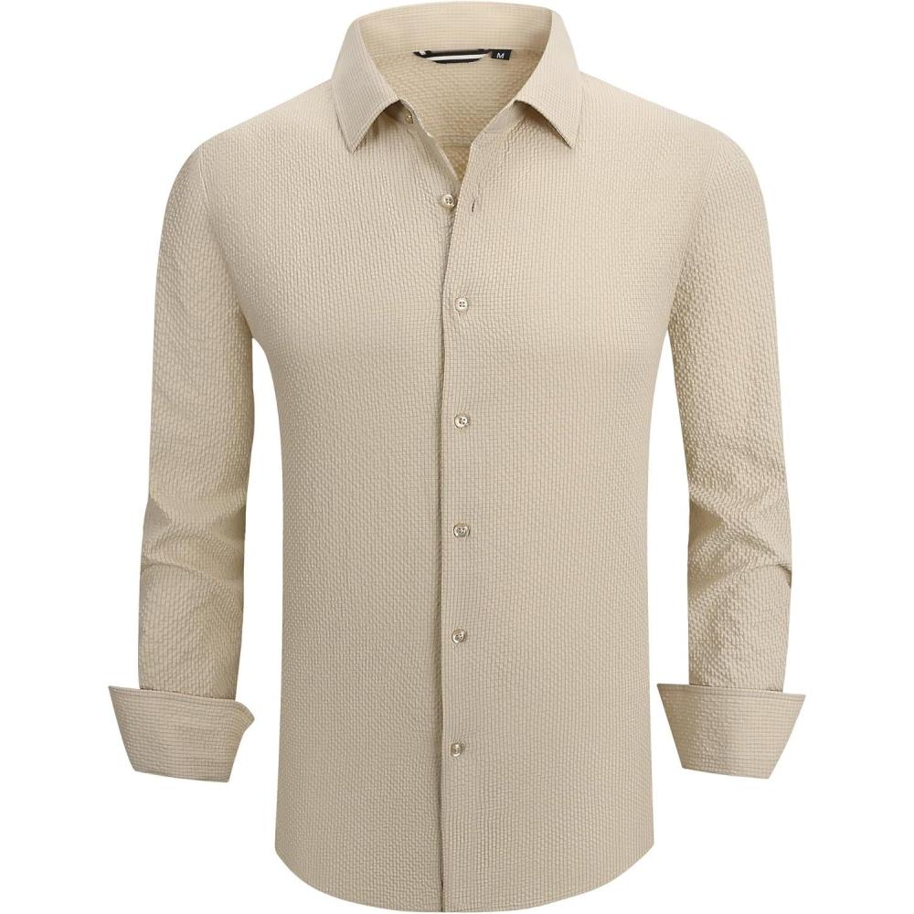 imageAlex Vando Mens Seersucker Dress Shirts Striped Business Casual Cotton Shirts for MenKhaki