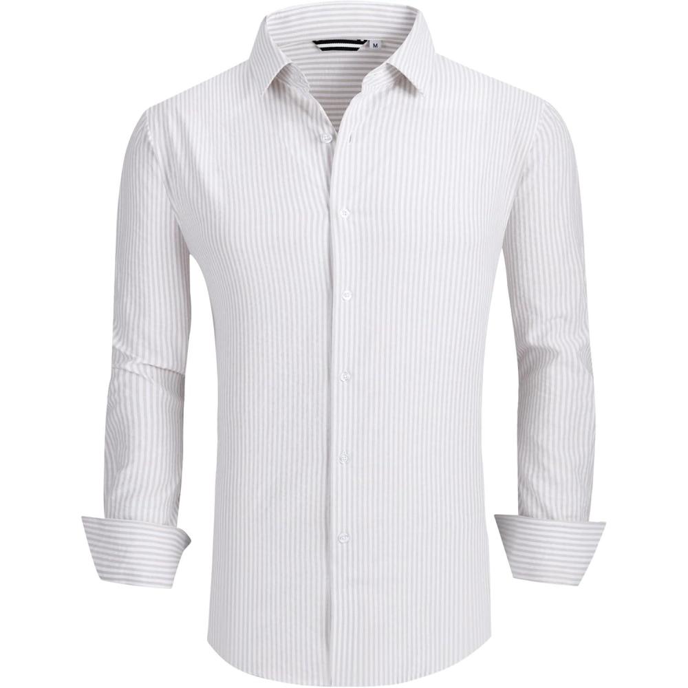 imageAlex Vando Mens Seersucker Dress Shirts Striped Business Casual Cotton Shirts for MenKhaki Stripe