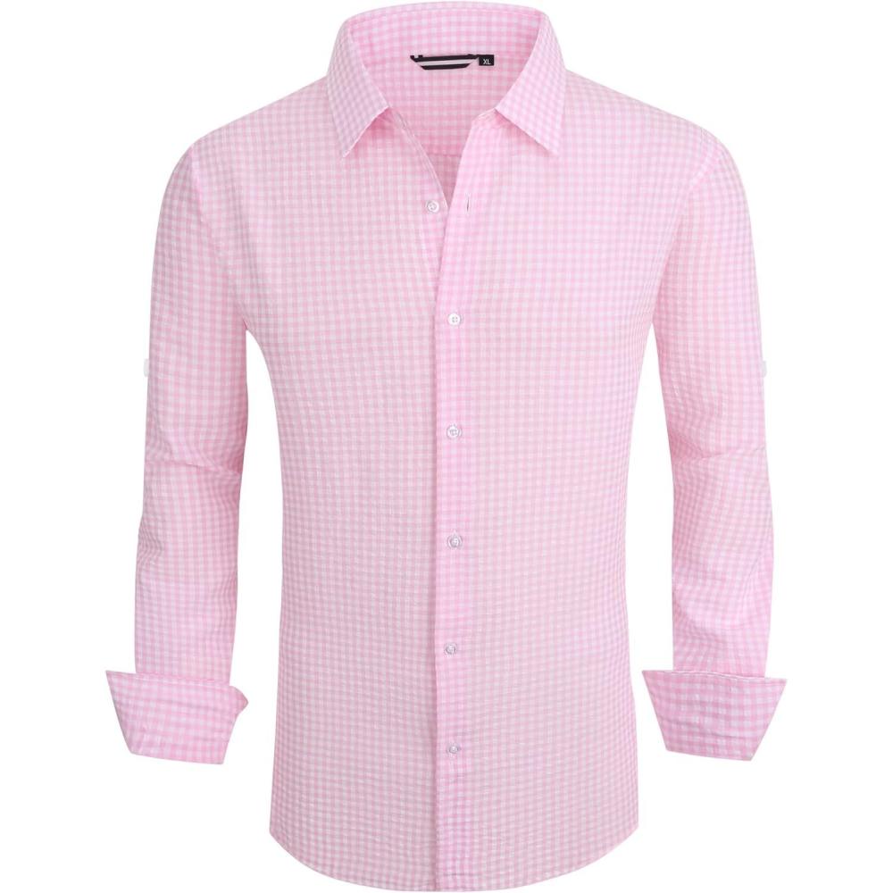 imageAlex Vando Mens Seersucker Dress Shirts Striped Business Casual Cotton Shirts for MenPink Check