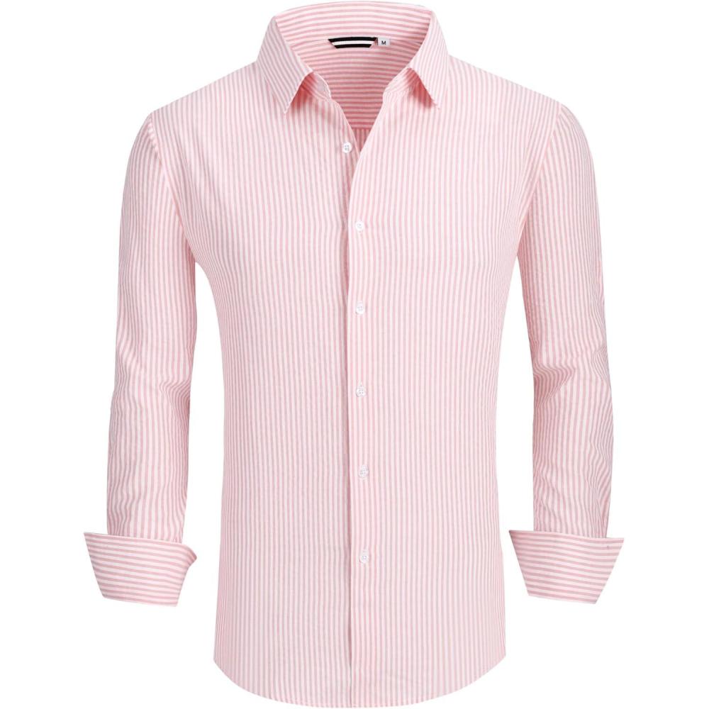 imageAlex Vando Mens Seersucker Dress Shirts Striped Business Casual Cotton Shirts for MenPink Stripe