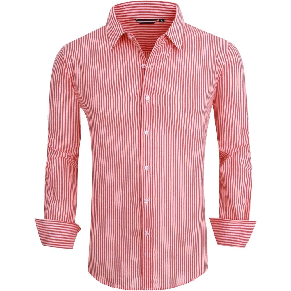 imageAlex Vando Mens Seersucker Dress Shirts Striped Business Casual Cotton Shirts for MenRed Stripe