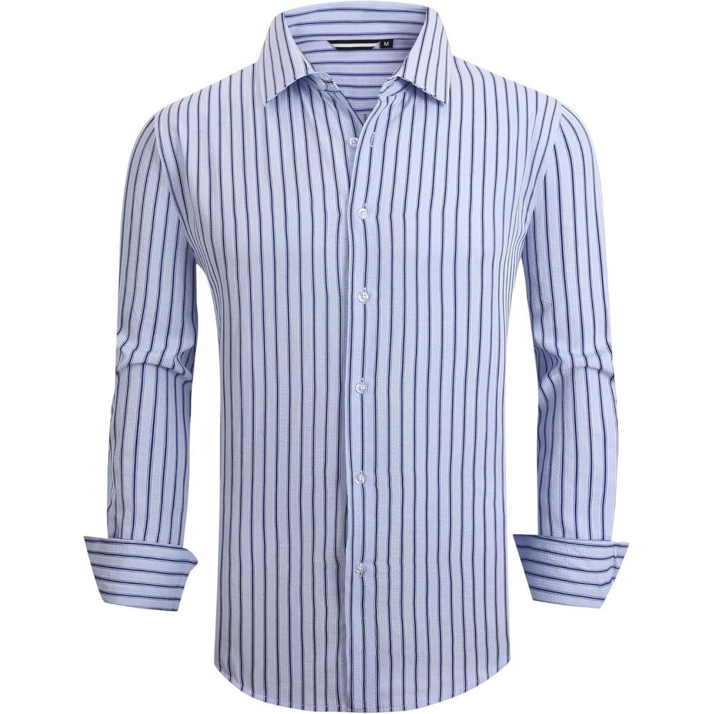 imageAlex Vando Mens Seersucker Dress Shirts Striped Business Casual Cotton Shirts for MenWide Blue