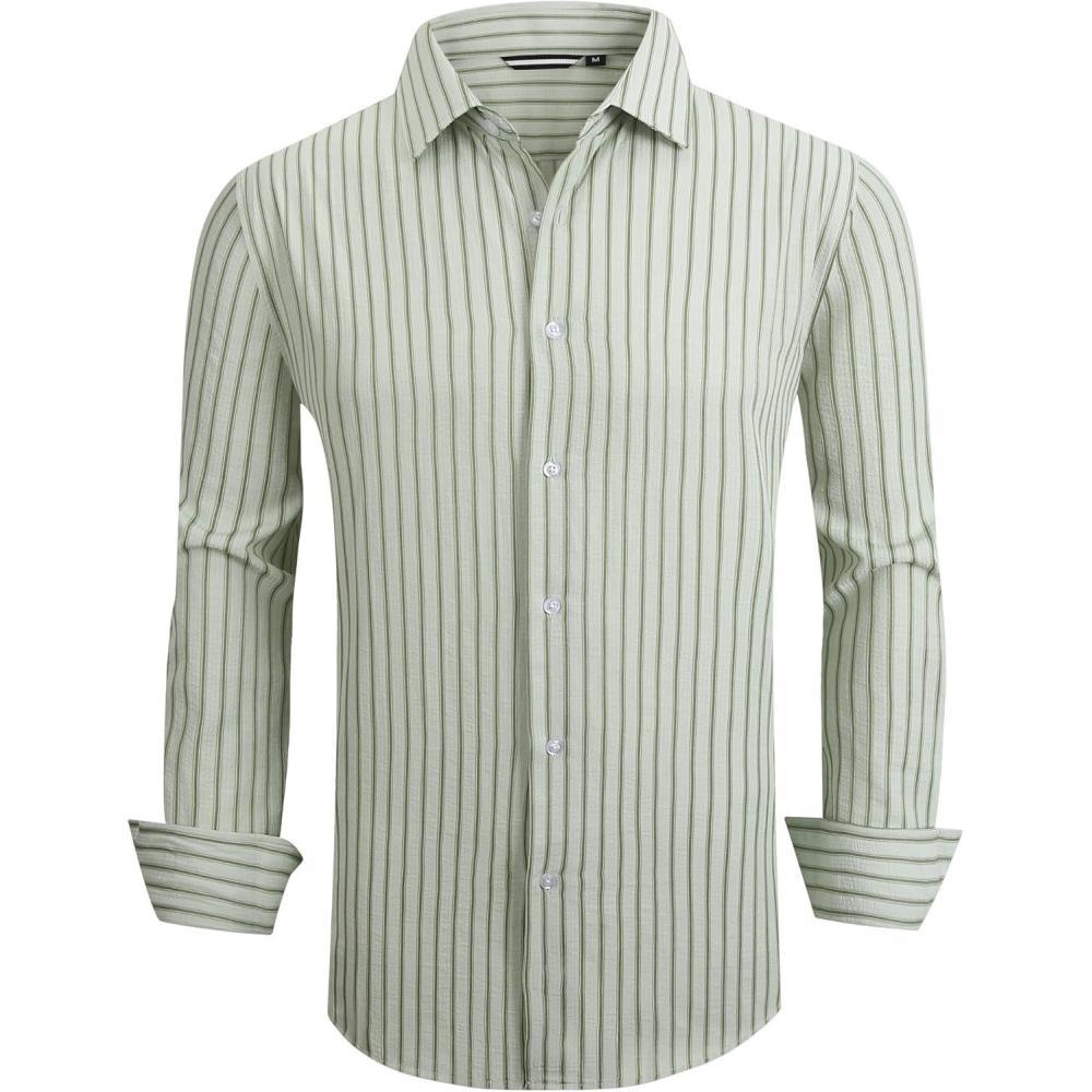 imageAlex Vando Mens Seersucker Dress Shirts Striped Business Casual Cotton Shirts for MenWide Green