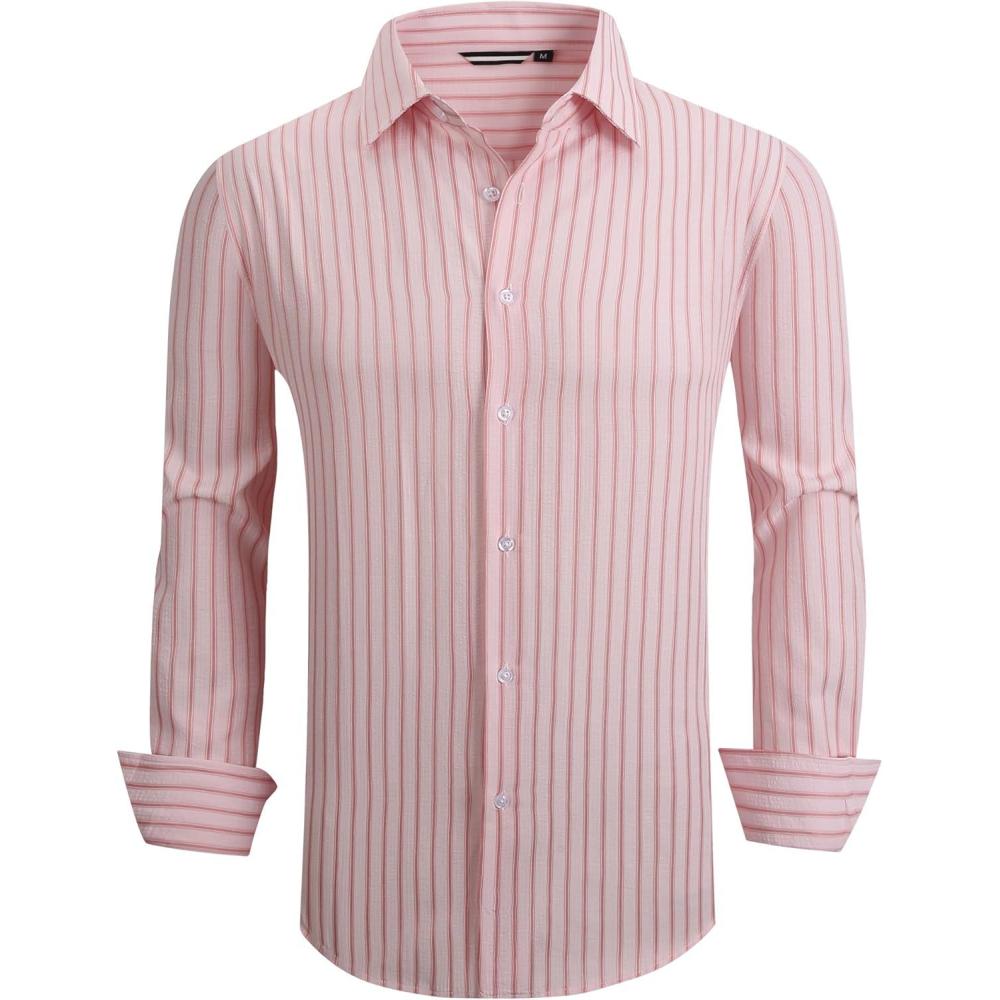 imageAlex Vando Mens Seersucker Dress Shirts Striped Business Casual Cotton Shirts for MenWide Pink