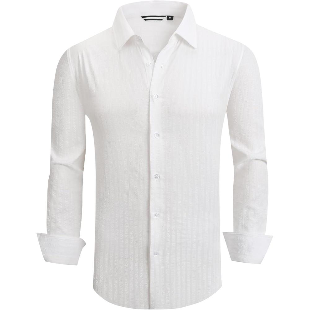 imageAlex Vando Mens Seersucker Dress Shirts Striped Business Casual Cotton Shirts for MenWide White