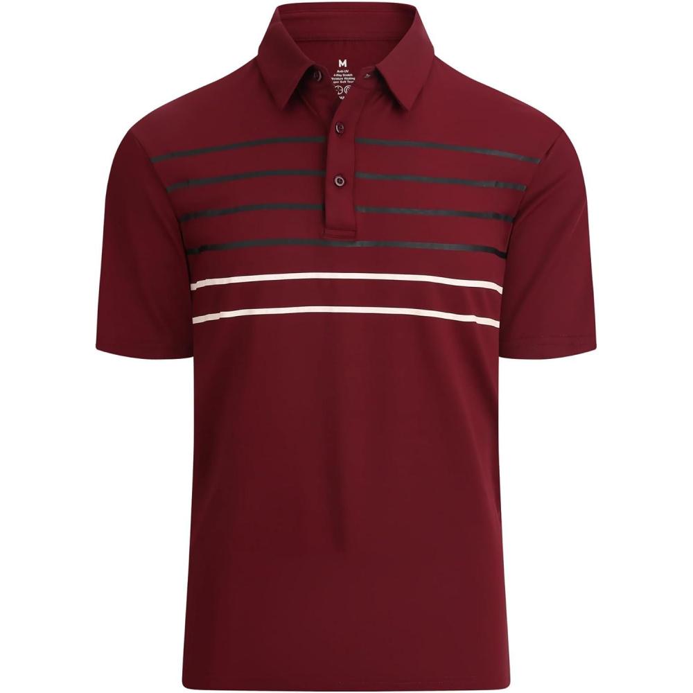 imageAlex Vando Mens Striped Golf Shirt Moisture Wicking QuickDry Sports Polo ShirtsBurgundy Stripe
