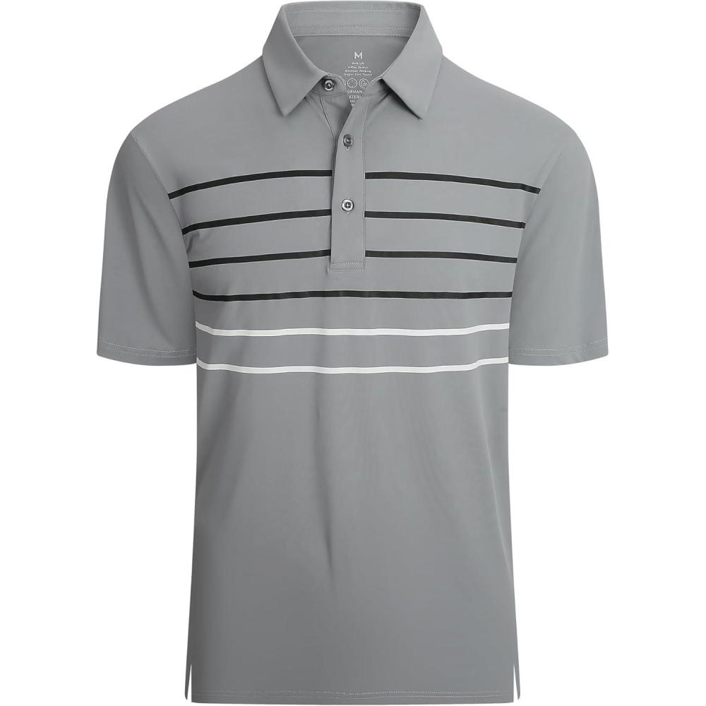 imageAlex Vando Mens Striped Golf Shirt Moisture Wicking QuickDry Sports Polo ShirtsGrey Stripe