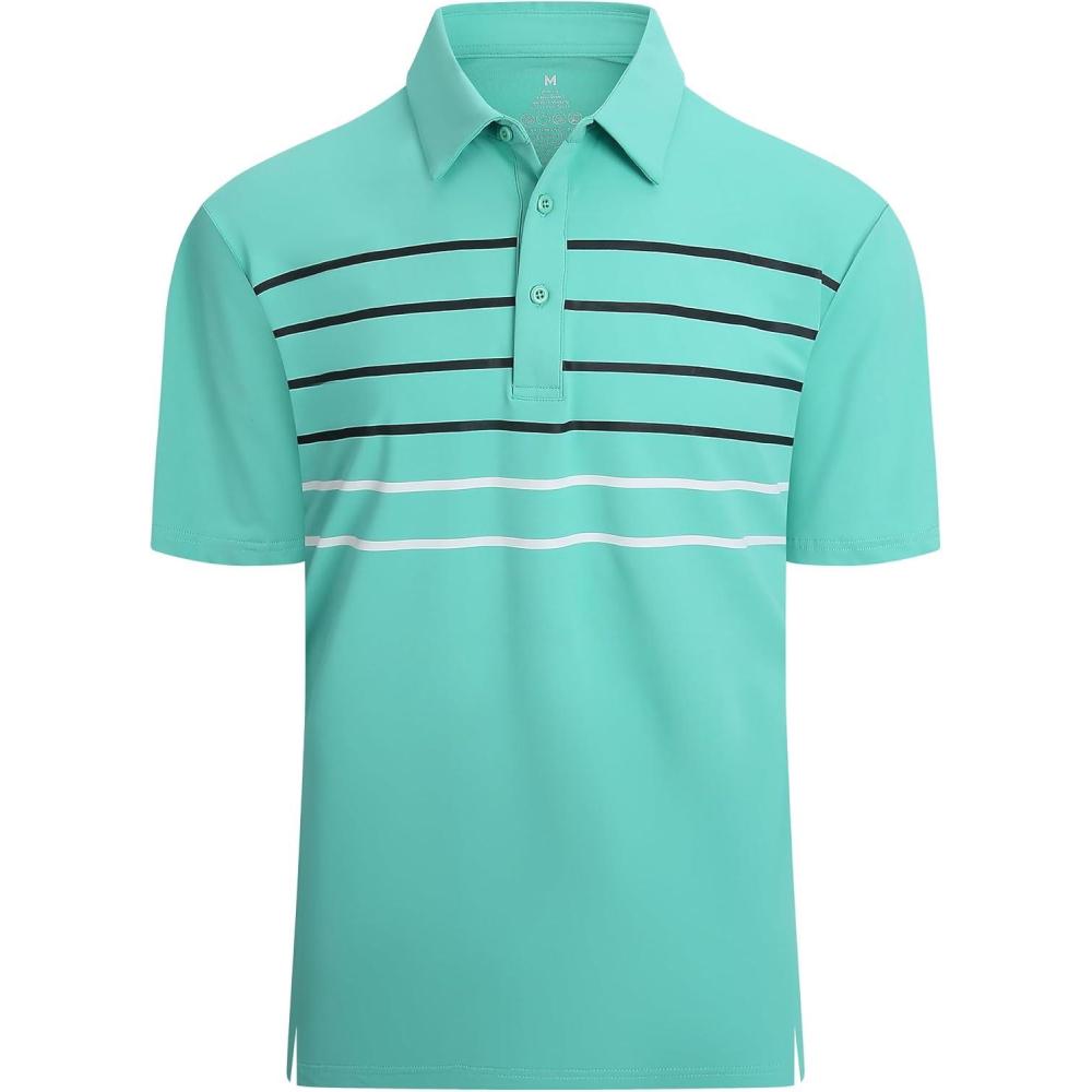 imageAlex Vando Mens Striped Golf Shirt Moisture Wicking QuickDry Sports Polo ShirtsTeal Stripe