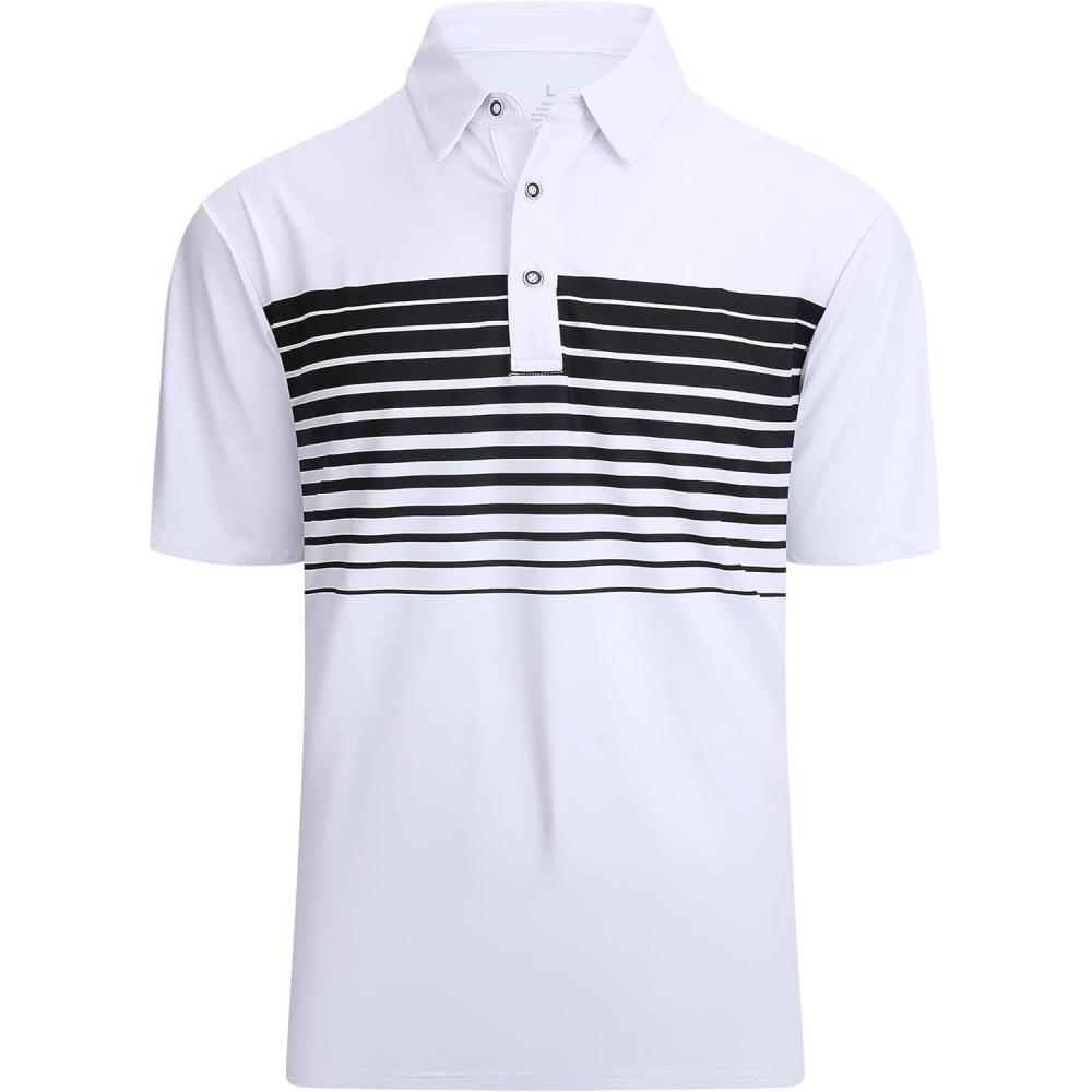 imageAlex Vando Mens Striped Golf Shirt Moisture Wicking QuickDry Sports Polo ShirtsWhite Stripe