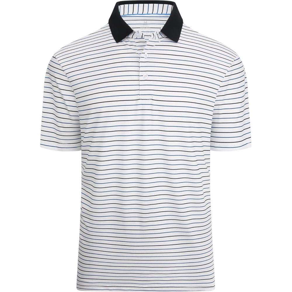 imageAlex Vando Mens Striped Golf Shirt Moisture Wicking QuickDry Sports Polo ShirtsWhiteBlack