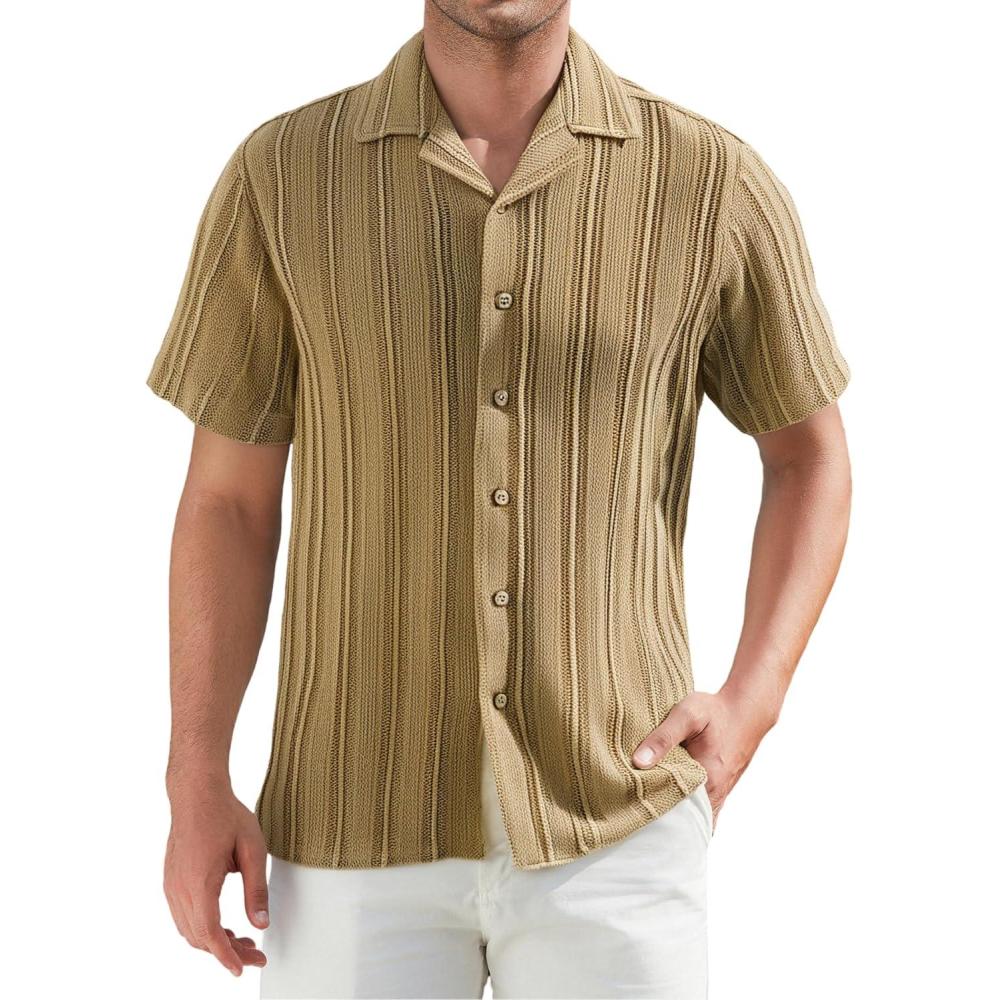 imageAlex Vando Mens Summer Shirts See Through Sheer Lace Casual Short Sleeve Button Down Beach Shirt135 Khaki