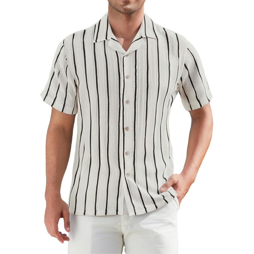 imageAlex Vando Mens Summer Shirts See Through Sheer Lace Casual Short Sleeve Button Down Beach ShirtBeigeBlack