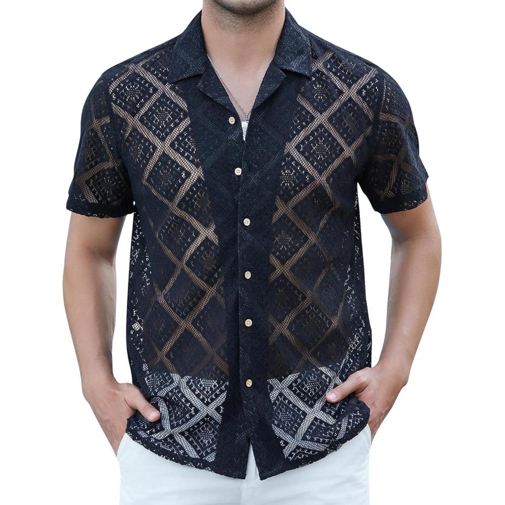 imageAlex Vando Mens Summer Shirts See Through Sheer Lace Casual Short Sleeve Button Down Beach ShirtBlack