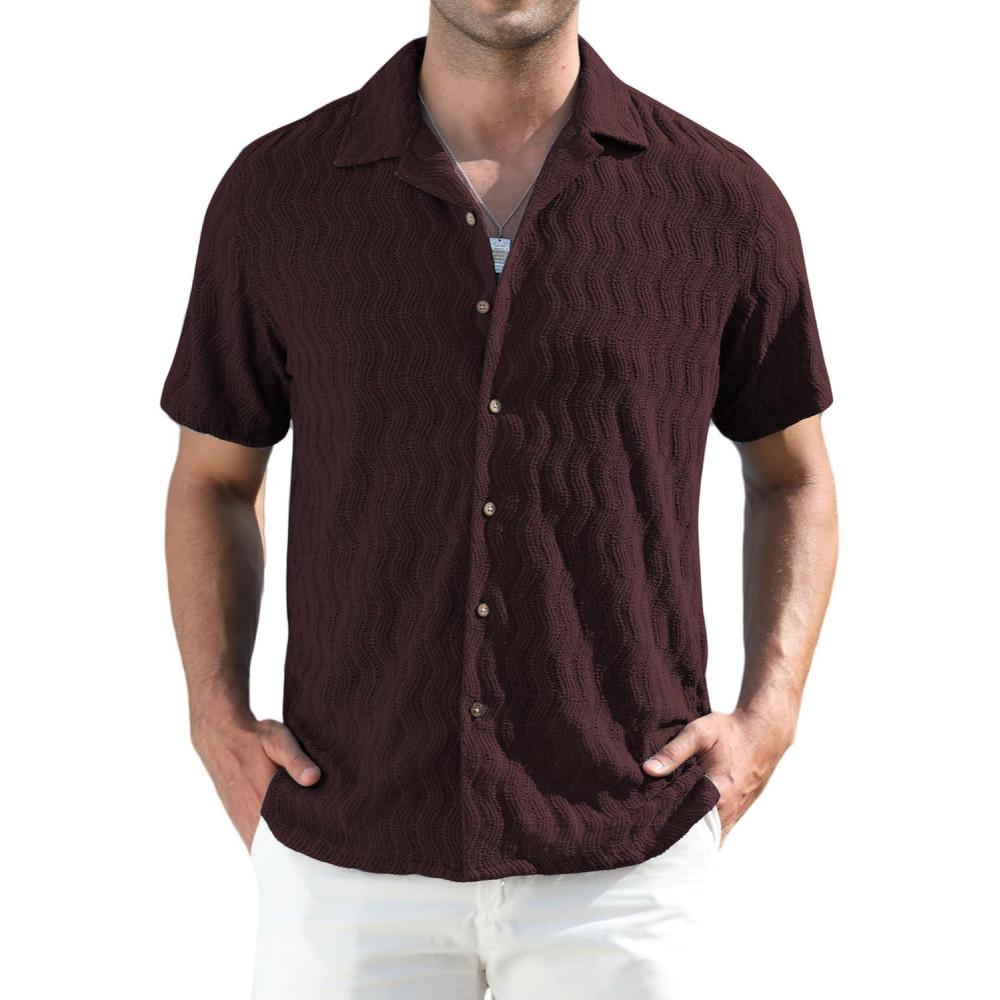 imageAlex Vando Mens Summer Shirts See Through Sheer Lace Casual Short Sleeve Button Down Beach ShirtBurgundy