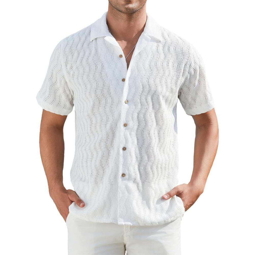 imageAlex Vando Mens Summer Shirts See Through Sheer Lace Casual Short Sleeve Button Down Beach ShirtWave White