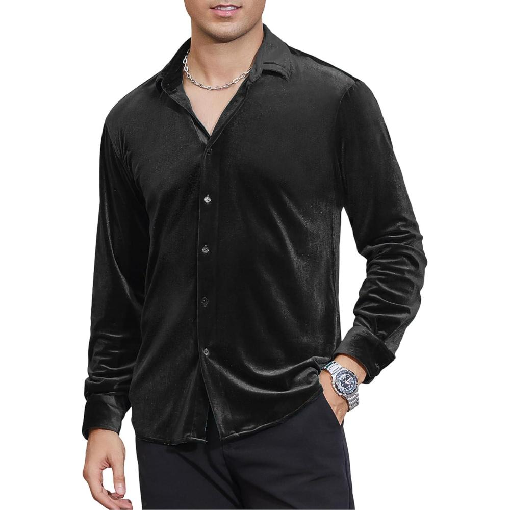 imageAlex Vando Mens Velvet Shirts Regular Fit Long Sleeve Soft Stretch Casual Button Down ShirtBlack
