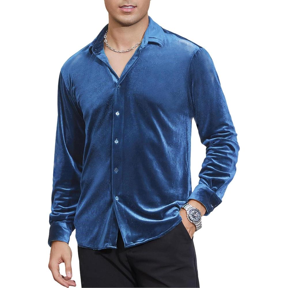imageAlex Vando Mens Velvet Shirts Regular Fit Long Sleeve Soft Stretch Casual Button Down ShirtBlue
