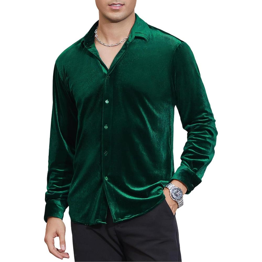 imageAlex Vando Mens Velvet Shirts Regular Fit Long Sleeve Soft Stretch Casual Button Down ShirtDark Green