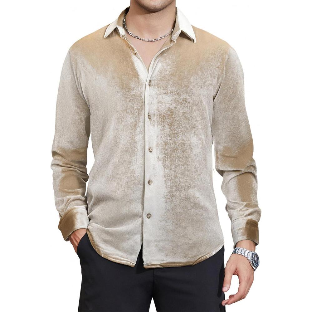 imageAlex Vando Mens Velvet Shirts Regular Fit Long Sleeve Soft Stretch Casual Button Down ShirtKhaki