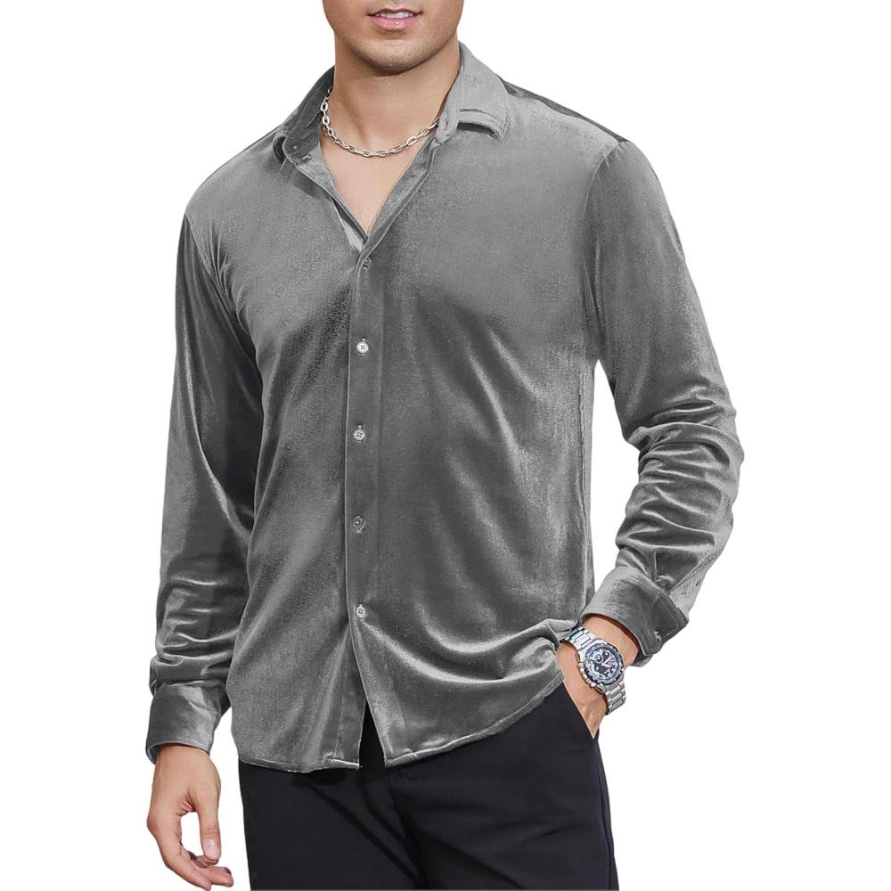 imageAlex Vando Mens Velvet Shirts Regular Fit Long Sleeve Soft Stretch Casual Button Down ShirtSilver