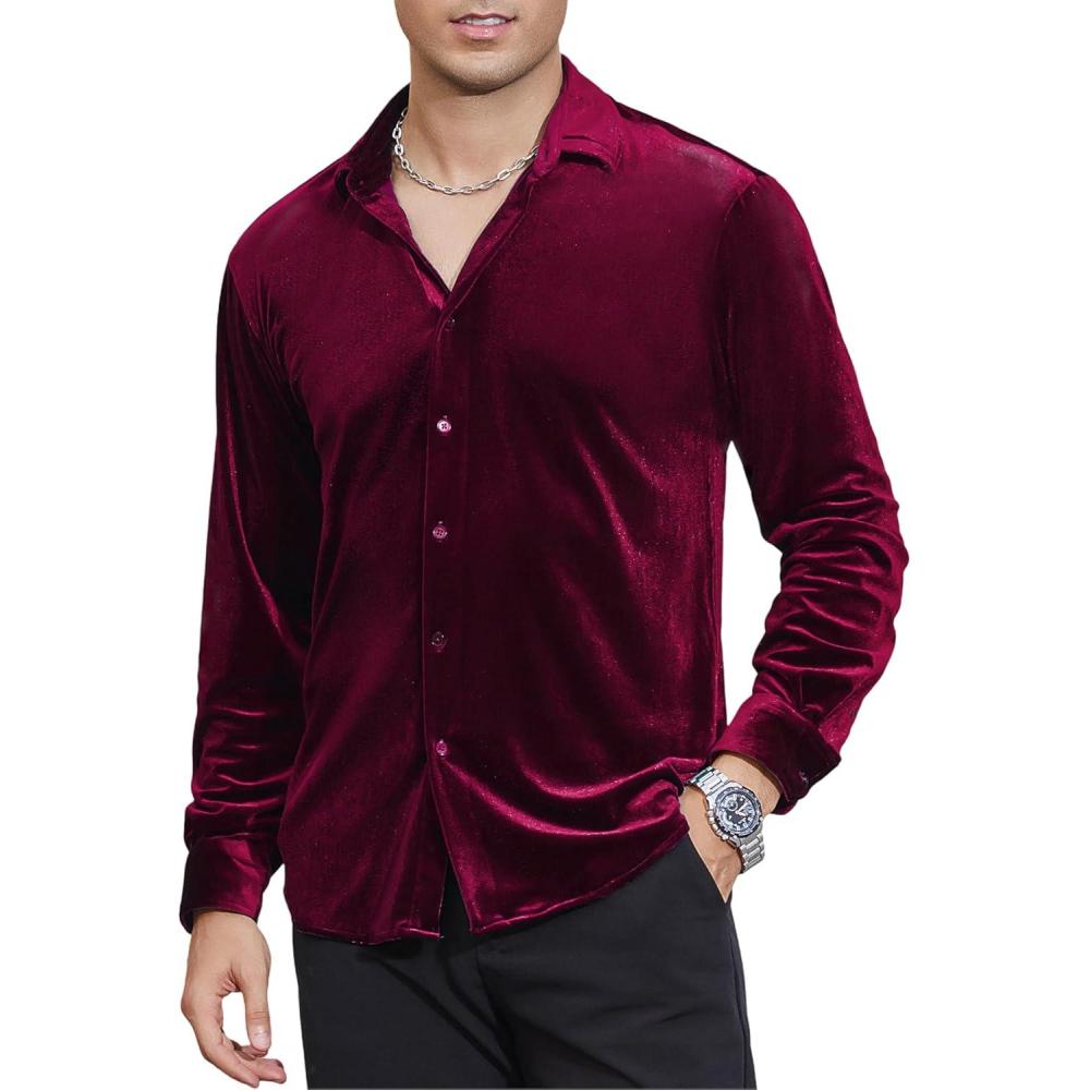 imageAlex Vando Mens Velvet Shirts Regular Fit Long Sleeve Soft Stretch Casual Button Down ShirtWine