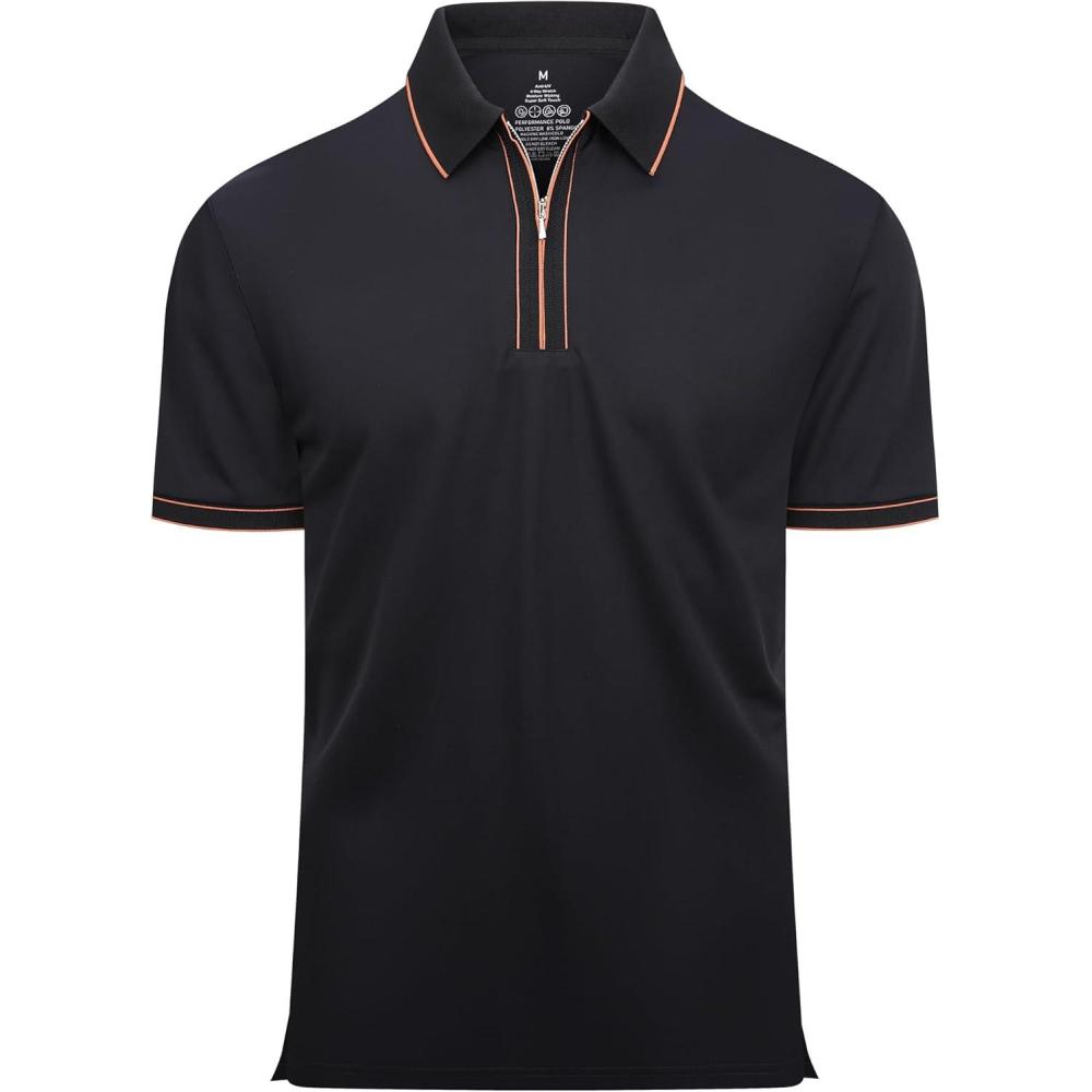 imageAlex Vando Mens Zipper Golf Shirt Moisture Wicking Zip Up Solid Fashion Polo ShirtsBlack