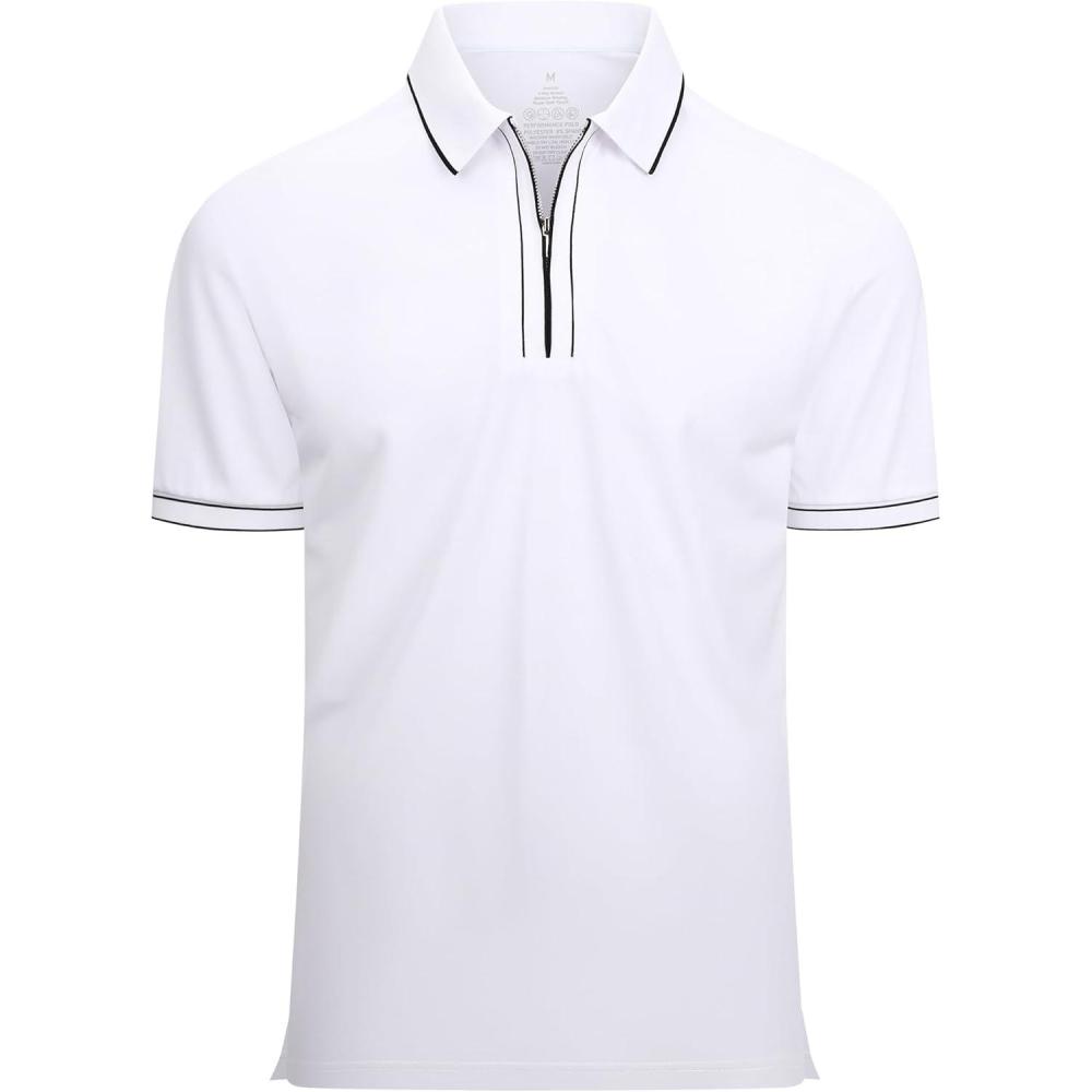 imageAlex Vando Mens Zipper Golf Shirt Moisture Wicking Zip Up Solid Fashion Polo ShirtsWhite