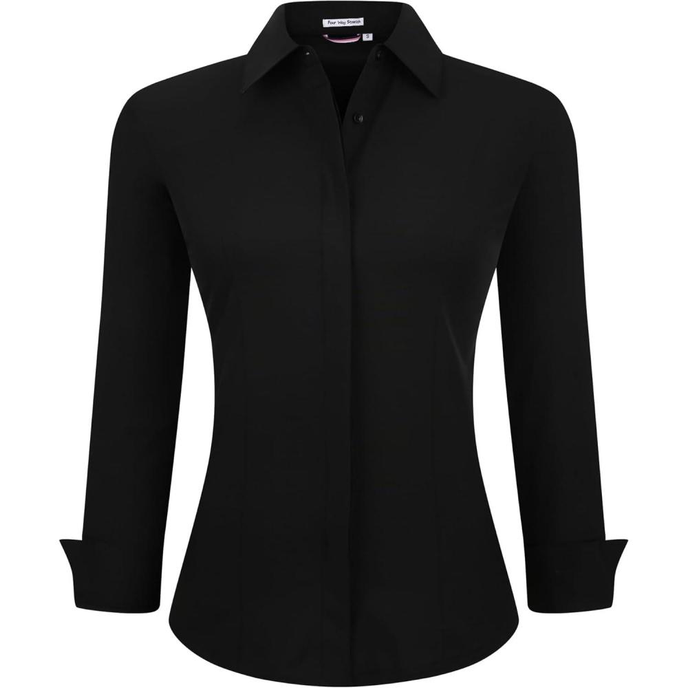 imageAlex Vando Womens Dress Shirts Wrinkle Free Regular Fit Long Sleeve Stretch Work ShirtHidden Placket Black