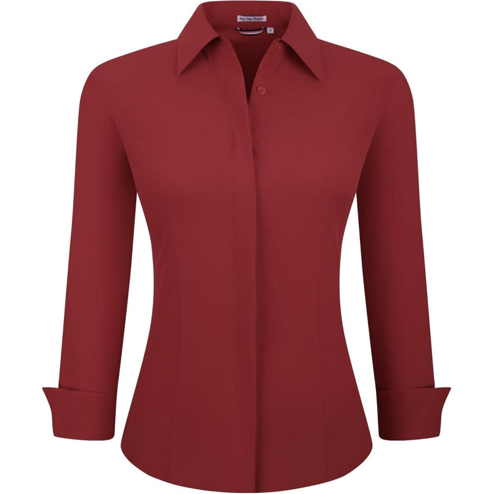 imageAlex Vando Womens Dress Shirts Wrinkle Free Regular Fit Long Sleeve Stretch Work ShirtHidden Placket Red