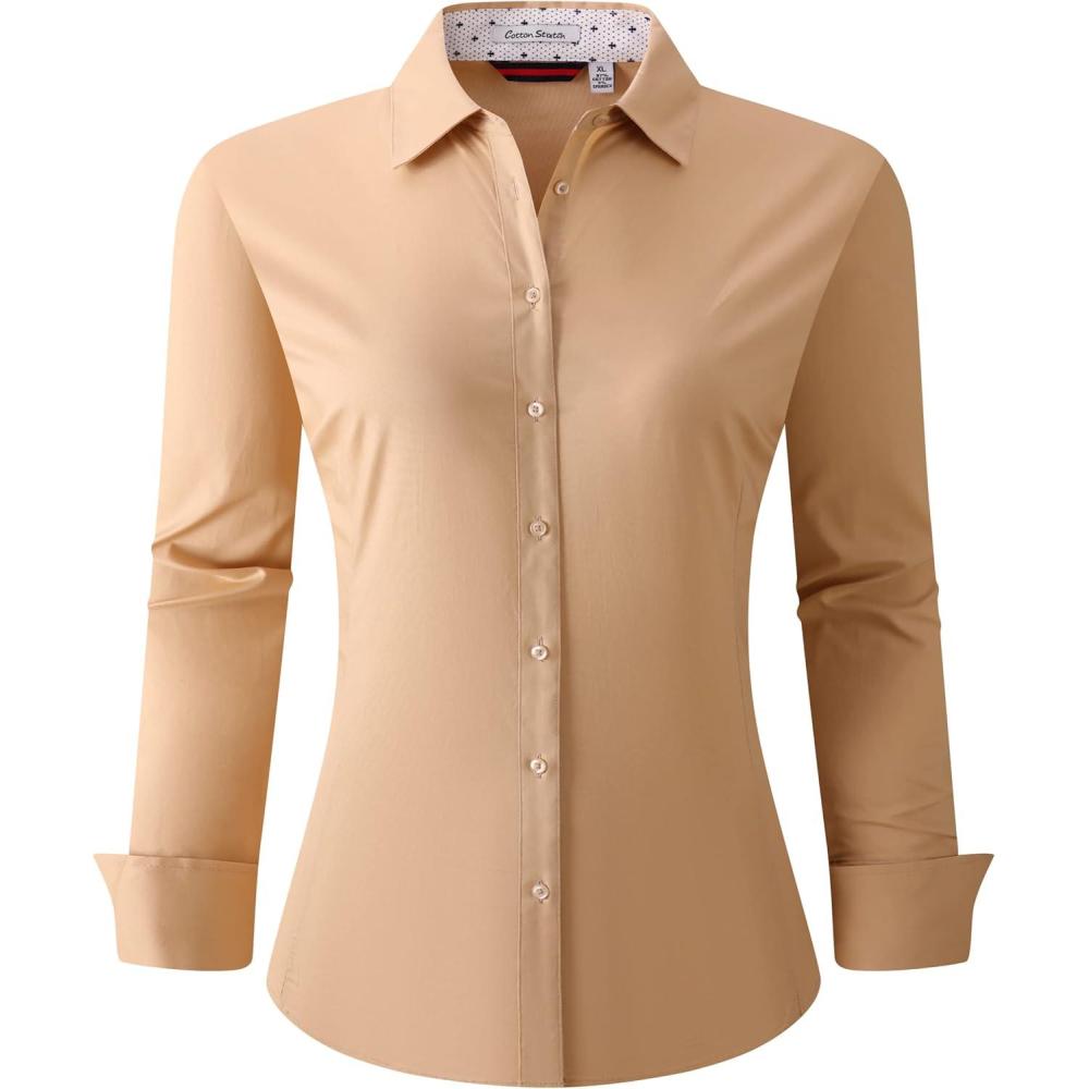 imageAlex Vando Womens Dress Shirts Wrinkle Free Regular Fit Long Sleeve Stretch Work ShirtKhaki