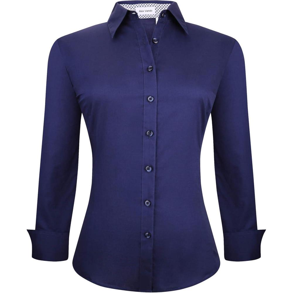 imageAlex Vando Womens Dress Shirts Wrinkle Free Regular Fit Long Sleeve Stretch Work ShirtNavy