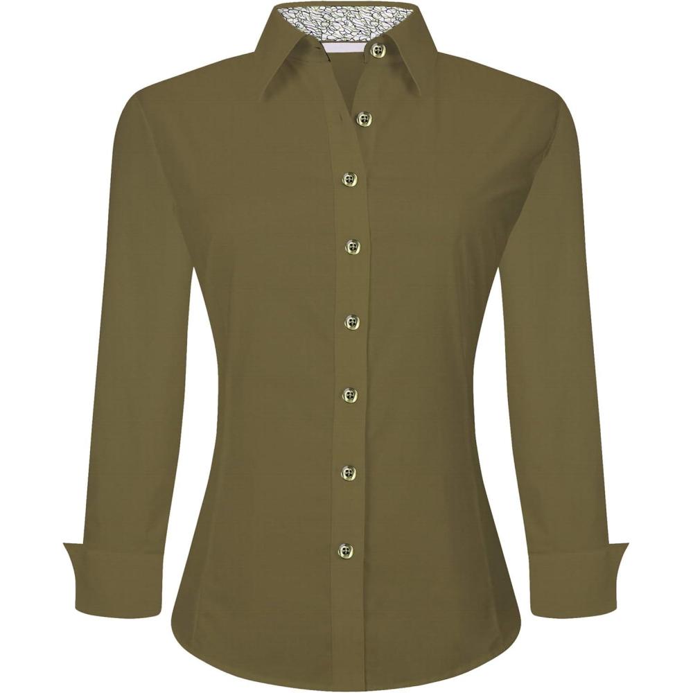 imageAlex Vando Womens Dress Shirts Wrinkle Free Regular Fit Long Sleeve Stretch Work ShirtOlive