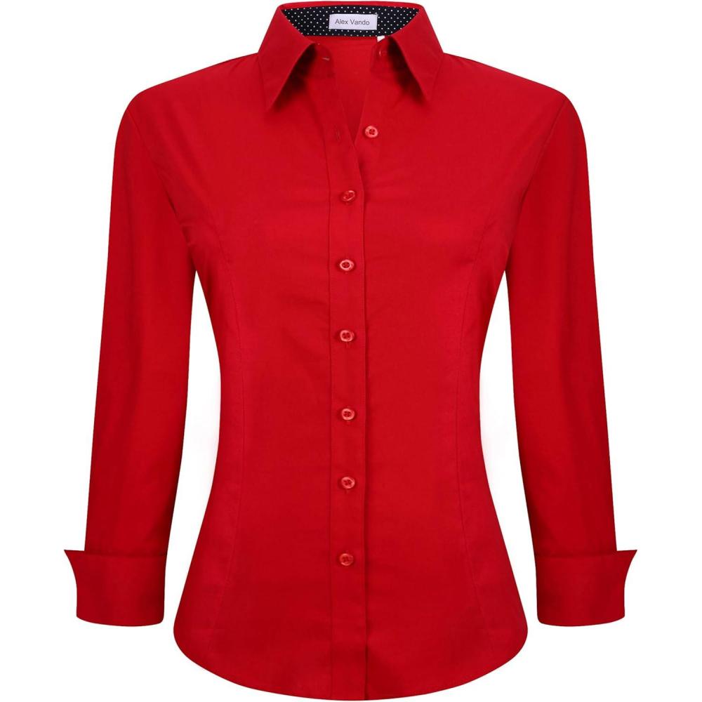 imageAlex Vando Womens Dress Shirts Wrinkle Free Regular Fit Long Sleeve Stretch Work ShirtRed