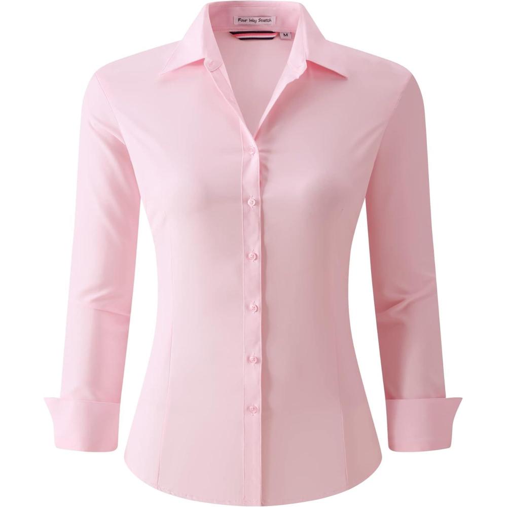 imageAlex Vando Womens Dress Shirts Wrinkle Free Regular Fit Long Sleeve Stretch Work ShirtWrinkle Free Pink