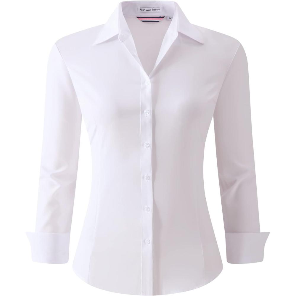 imageAlex Vando Womens Dress Shirts Wrinkle Free Regular Fit Long Sleeve Stretch Work ShirtWrinkle Free White
