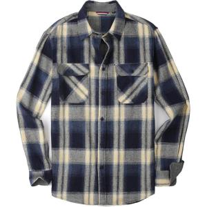 Alex Vando Mens Button Down Shirts Flannel Shirt Long Sleeve(Navy/Yellow)