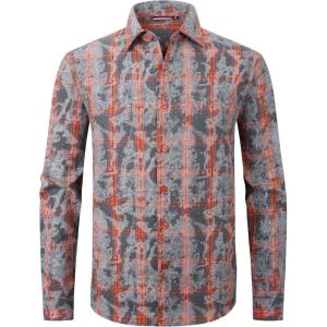 Alex Vando Mens Button Down Shirts Flannel Shirt Long Sleeve(Rhinestone Orange/Grey)