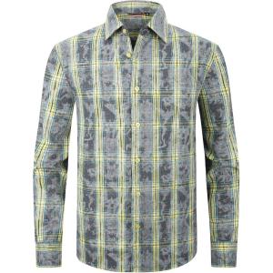 Alex Vando Mens Button Down Shirts Flannel Shirt Long Sleeve(Rhinestone Yellow/Grey)