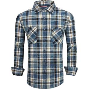 Alex Vando Mens Button Down Shirts Flannel Shirt Long Sleeve(Snow Blue/Beige)