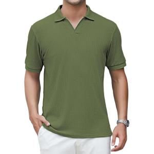 Alex Vando Mens Cotton Polo Shirts V-Neck Short Sleeve Casual Shirts for Men(Army Jacquard)