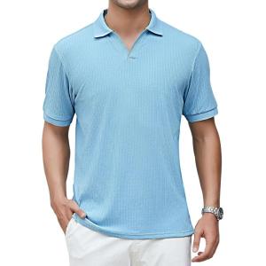 Alex Vando Mens Cotton Polo Shirts V-Neck Short Sleeve Casual Shirts for Men(Blue Jacquard)