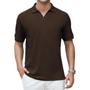 Alex Vando Mens Cotton Polo Shirts V-Neck Short Sleeve Casual Shirts for Men(Brown Jacquard)