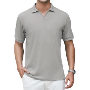 Alex Vando Mens Cotton Polo Shirts V-Neck Short Sleeve Casual Shirts for Men(Grey Jacquard)