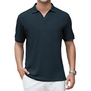Alex Vando Mens Cotton Polo Shirts V-Neck Short Sleeve Casual Shirts for Men(Navy Jacquard)