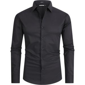 Alex Vando Mens Dress Shirt Easy Care Slim Fit Long Sleeve Cotton Stretch Button Down Shirt(Black)