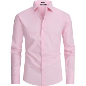 Alex Vando Mens Dress Shirt Easy Care Slim Fit Long Sleeve Cotton Stretch Button Down Shirt(Pink)